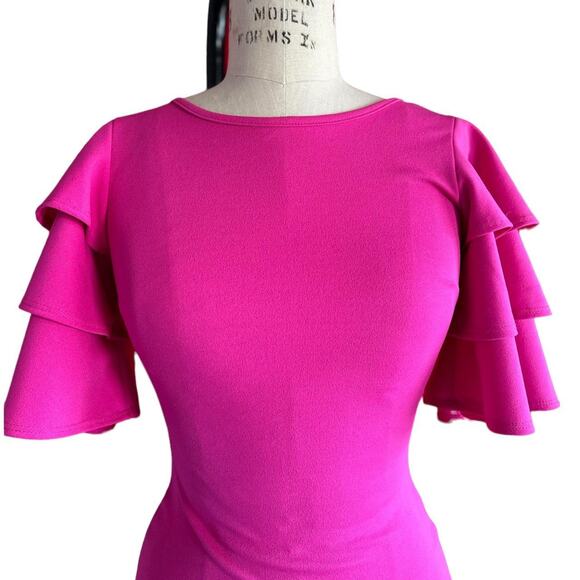 Womens Dress Size Small Pink BodyCon Ruffles Retro 80s Vibes Fun Bold Party - Picture 2 of 8